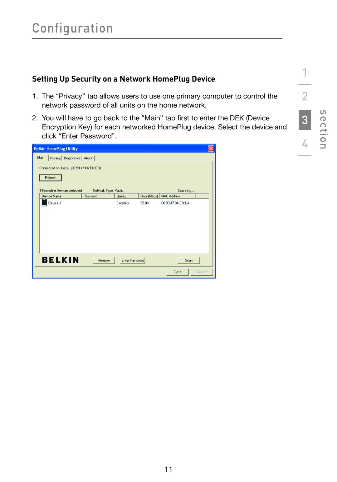 Belkin F5D4071 user manual Setting Up Security on a Network HomePlug Device 