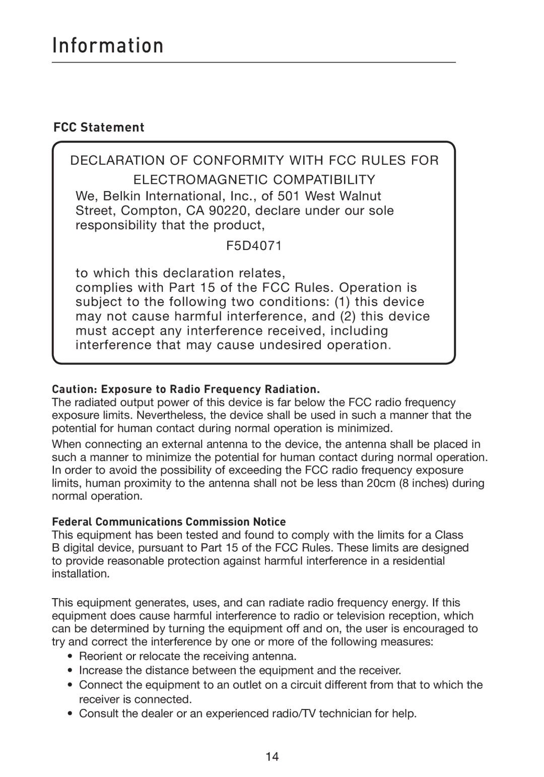 Belkin F5D4071 user manual Information, FCC Statement, Federal Communications Commission Notice 