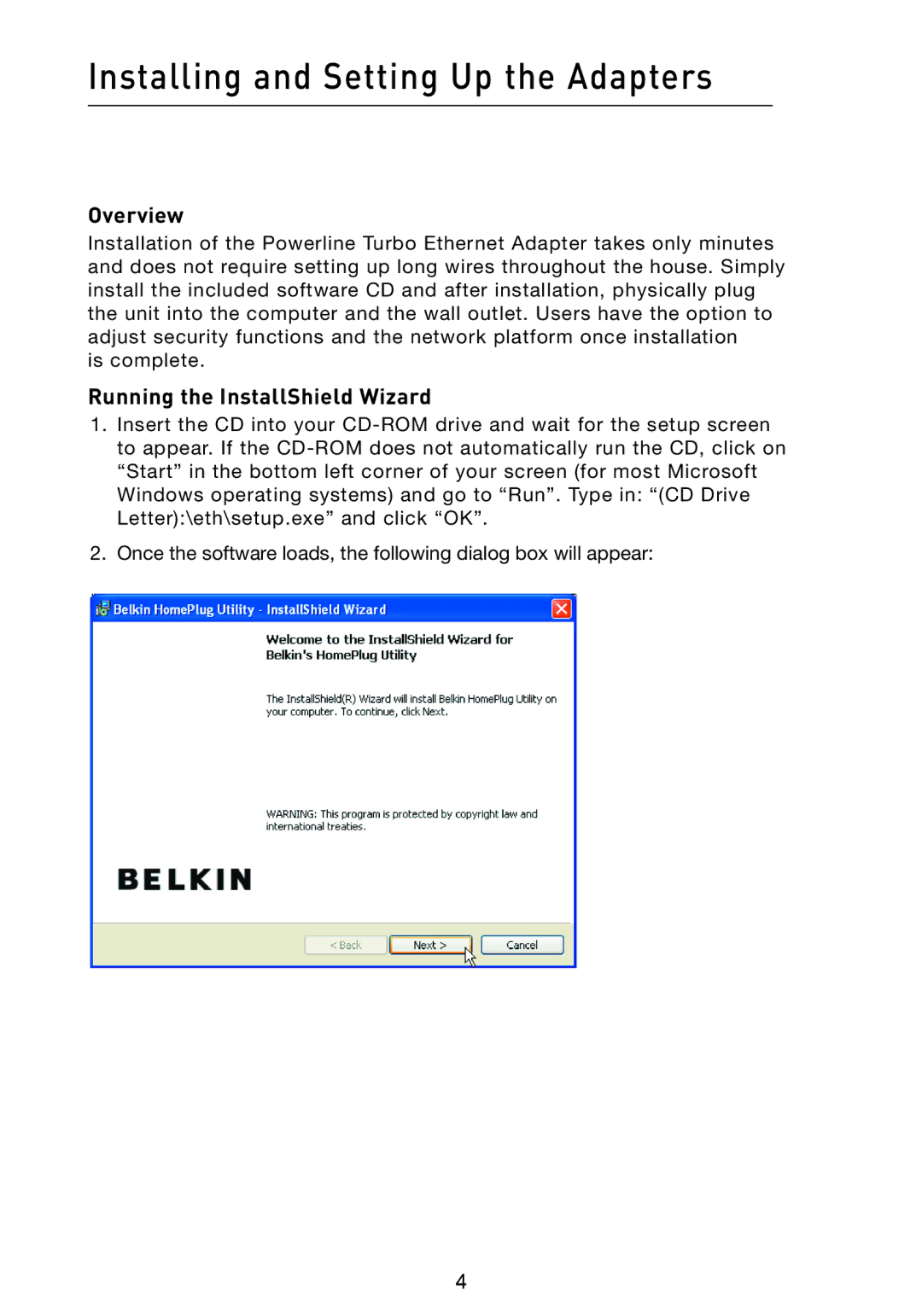 Belkin F5D4071 user manual Installing and Setting Up the Adapters, Overview, Running the InstallShield Wizard 