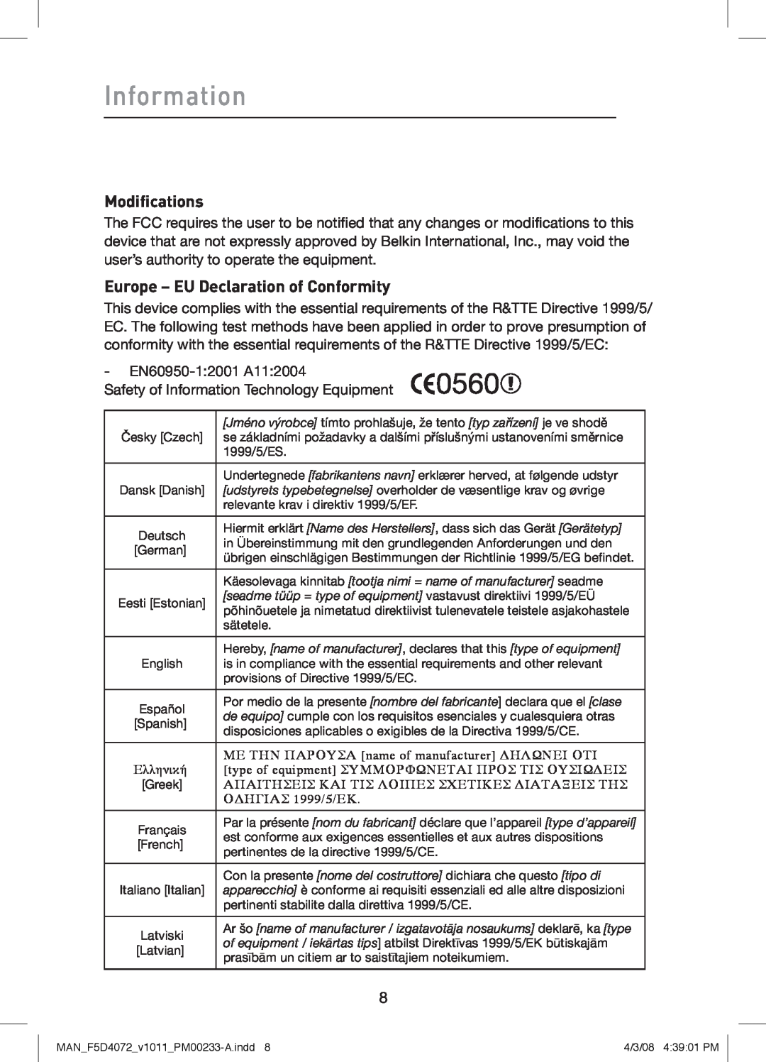 Belkin F5D4072 user manual Information, Modifications, Europe - EU Declaration of Conformity 