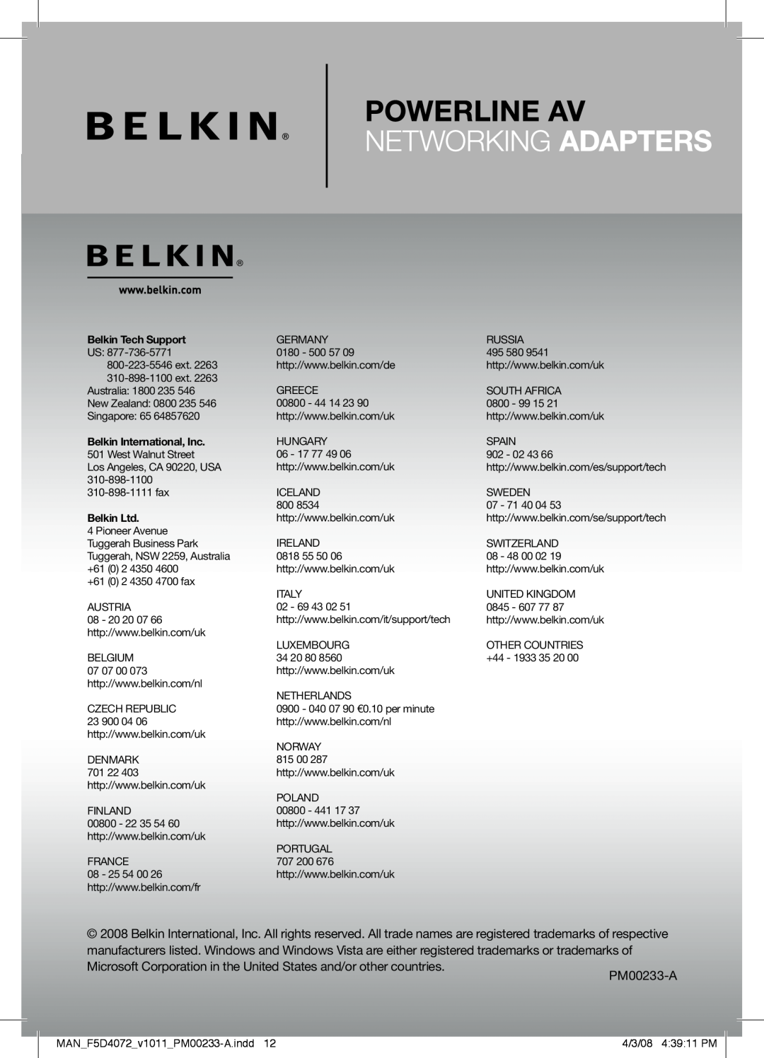 Belkin F5D4072 user manual Belkin Tech Support, Belkin International, Inc 