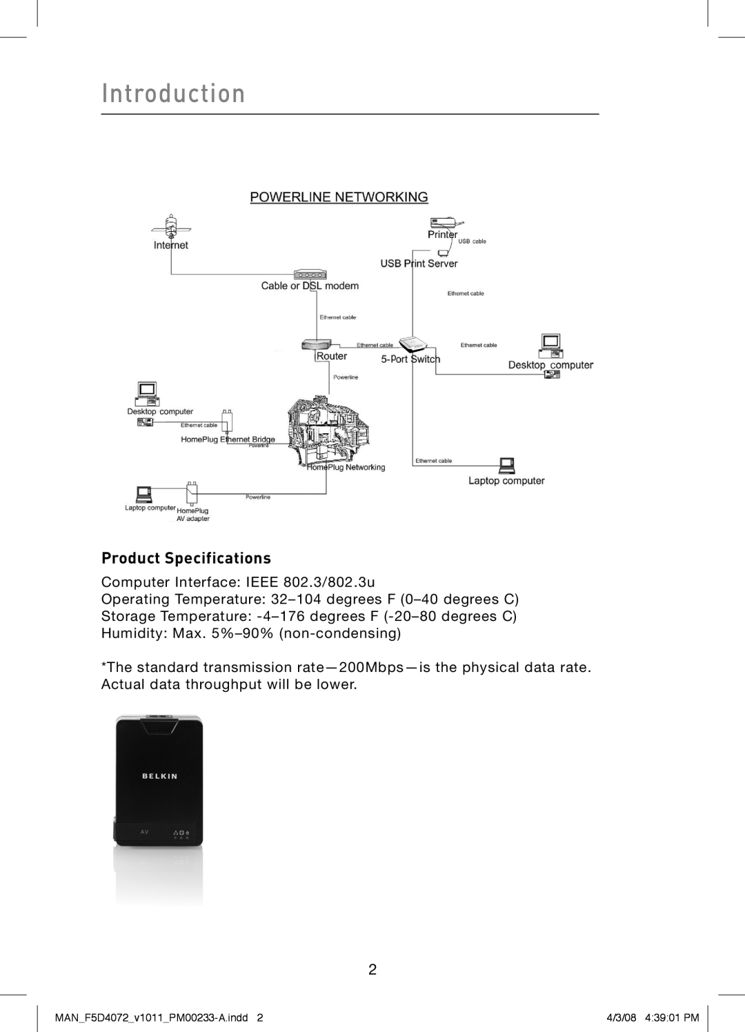 Belkin F5D4072 user manual Introduction, Product Specifications 