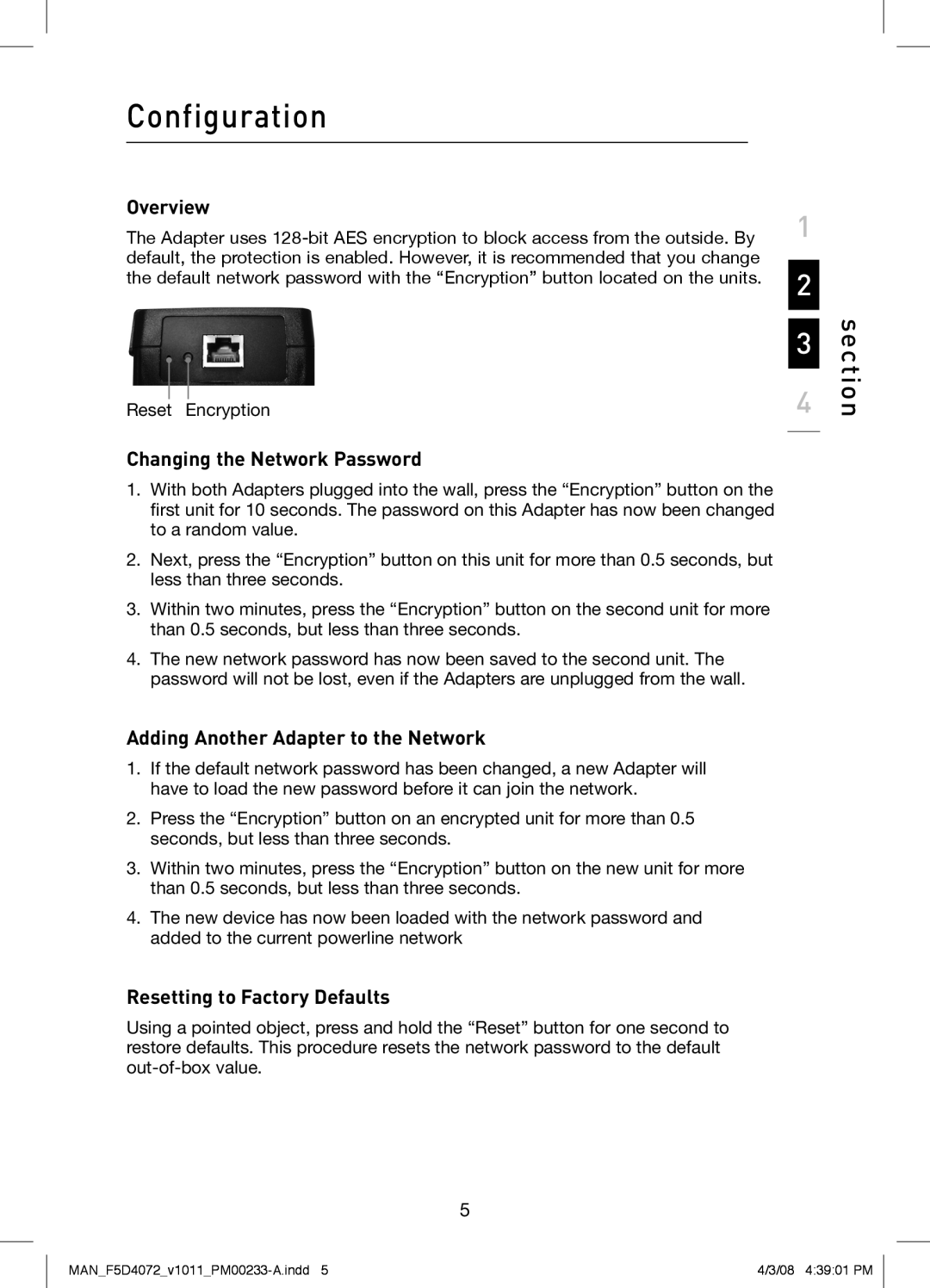 Belkin F5D4072 Configuration, Changing the Network Password, Adding Another Adapter to the Network, section, Overview 