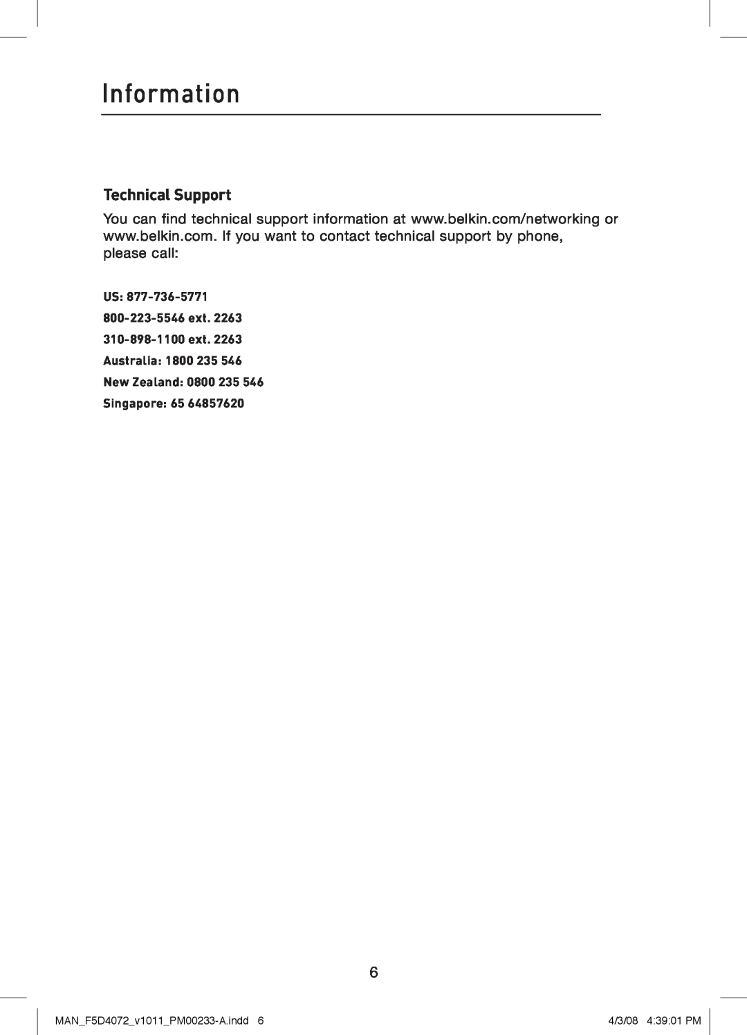 Belkin F5D4072 user manual Information, Technical Support 
