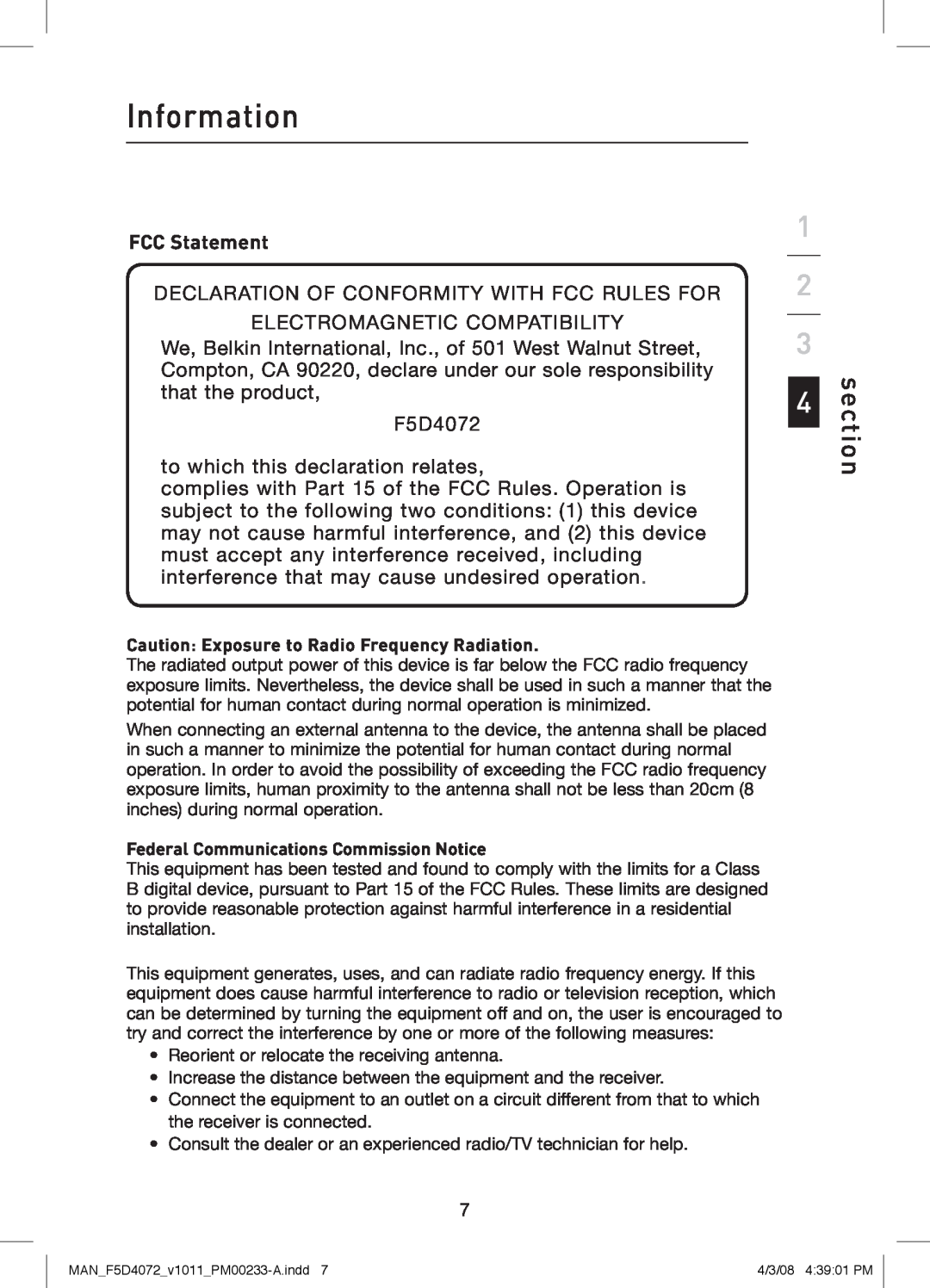 Belkin F5D4072 user manual FCC Statement, Information, section 