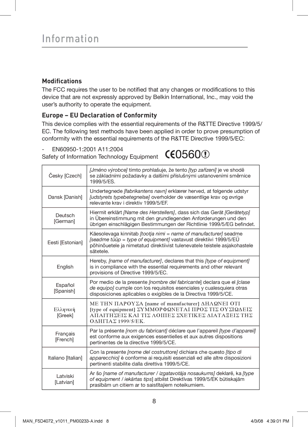 Belkin F5D4072 user manual Modifications, Europe EU Declaration of Conformity 