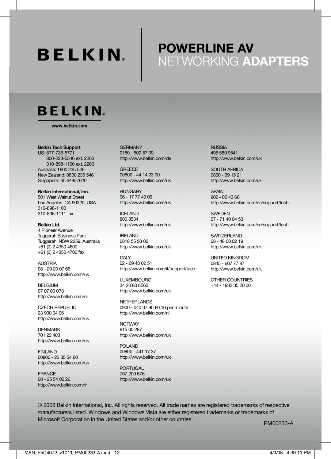 Belkin F5D4072 user manual Belkin Tech Support 