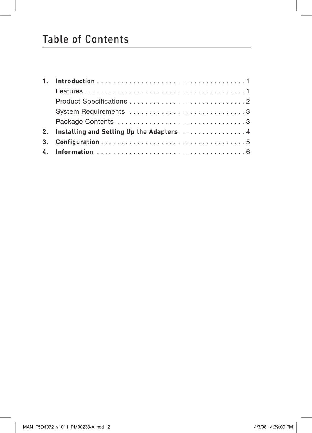 Belkin F5D4072 user manual Table of Contents 