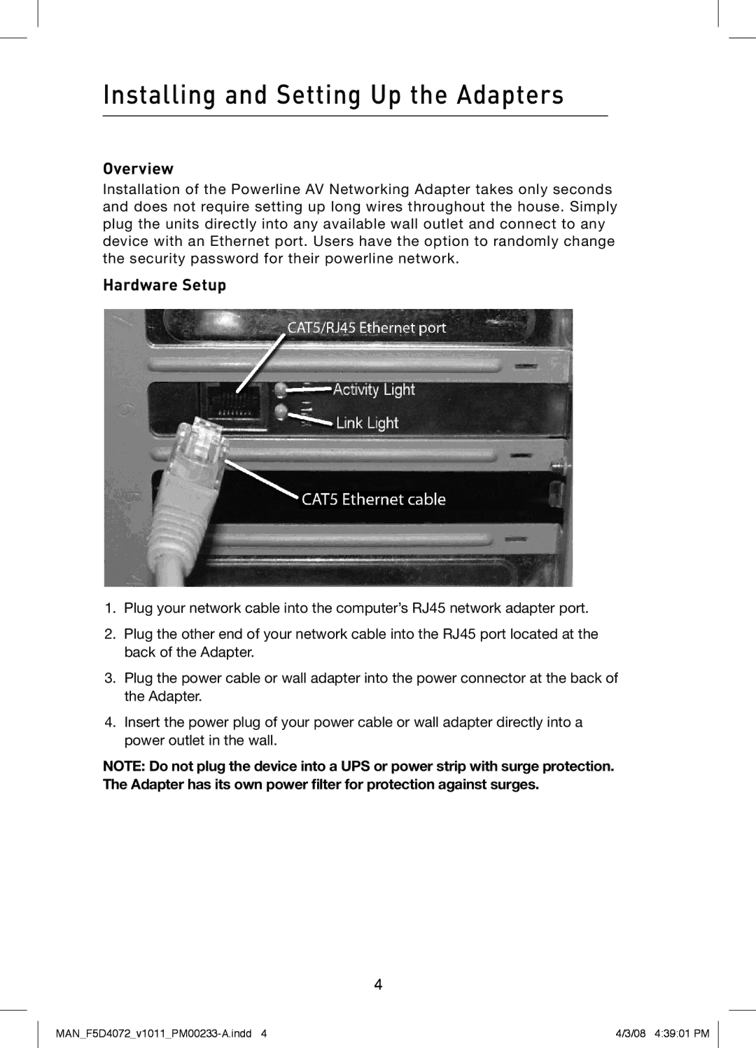 Belkin F5D4072 user manual Installing and Setting Up the Adapters, Overview, Hardware Setup 