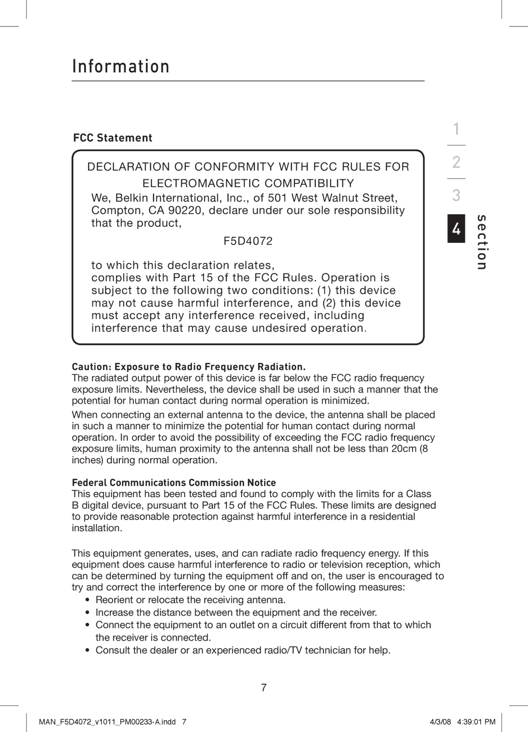 Belkin F5D4072 user manual FCC Statement, Federal Communications Commission Notice 