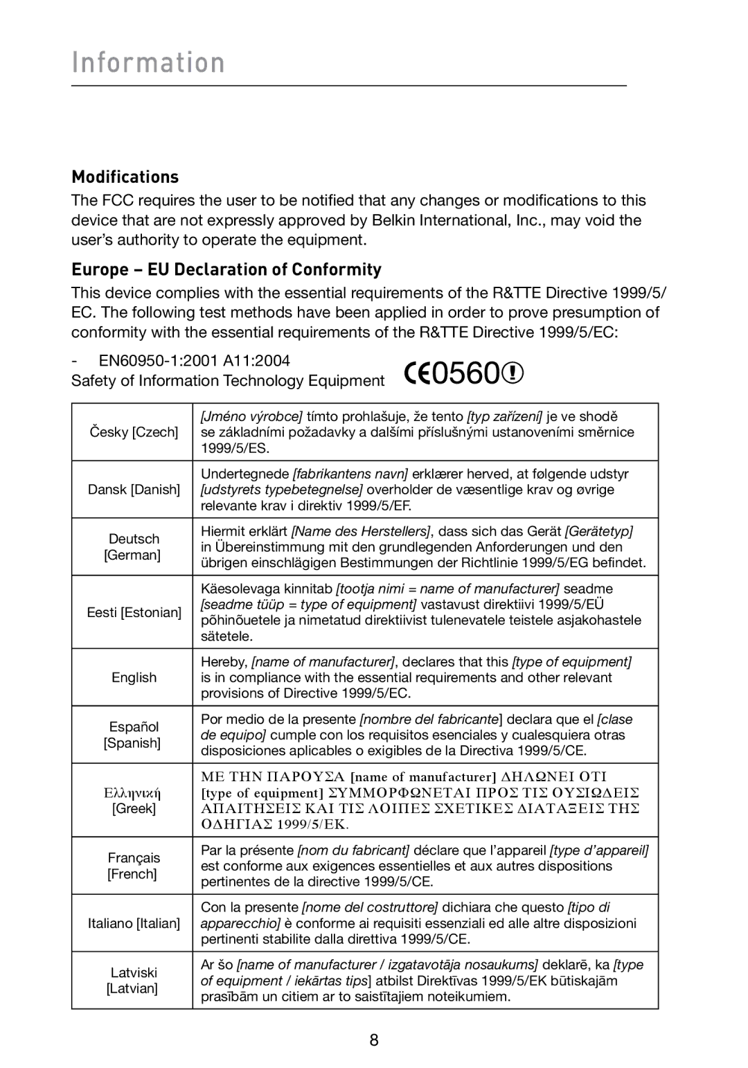 Belkin F5D4072 user manual Modifications, Europe EU Declaration of Conformity 