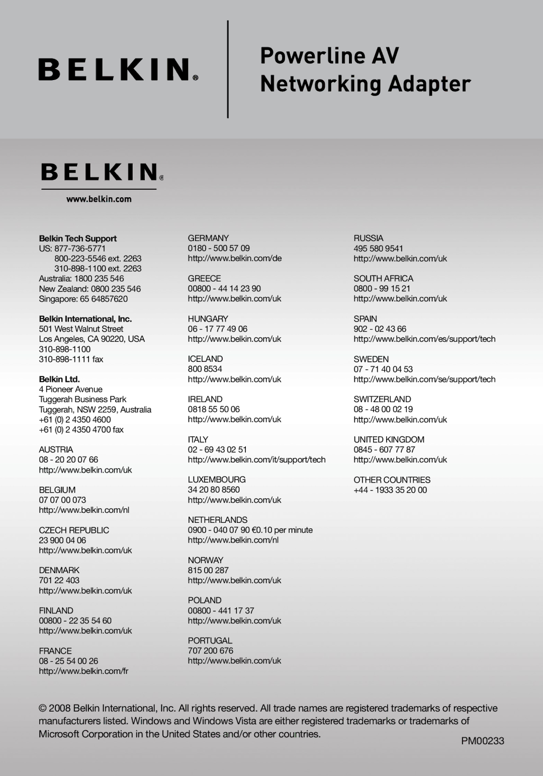 Belkin F5D4072 user manual Belkin Tech Support 