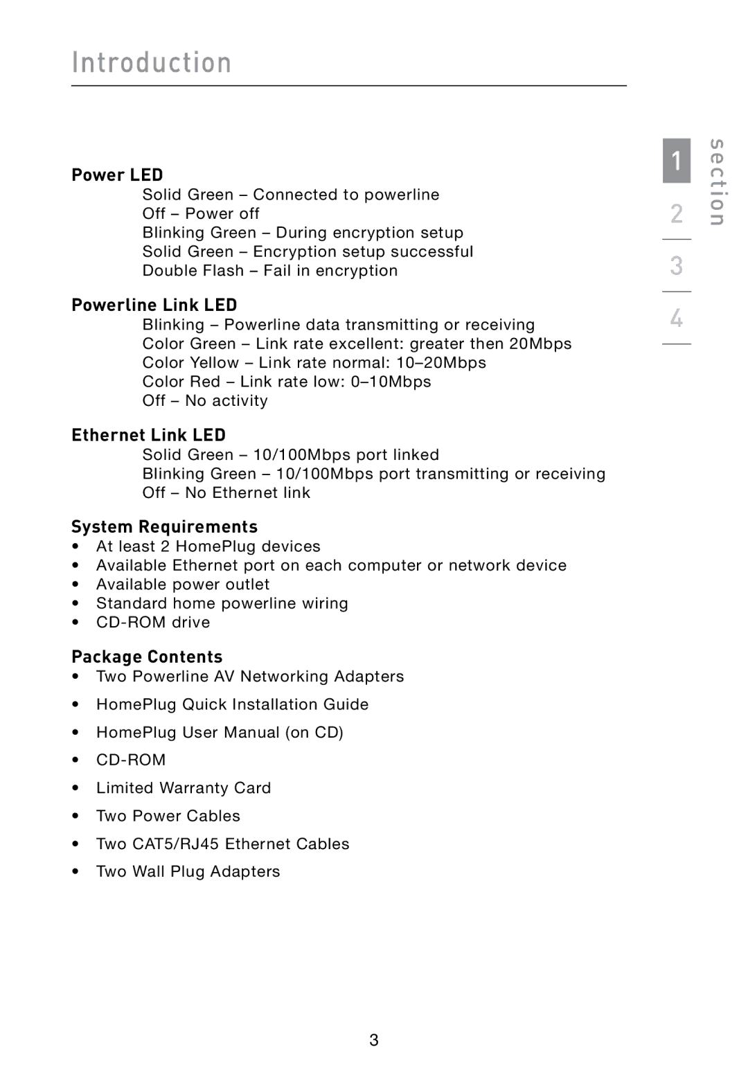 Belkin F5D4072 user manual Power LED, Powerline Link LED, Ethernet Link LED, System Requirements, Package Contents 