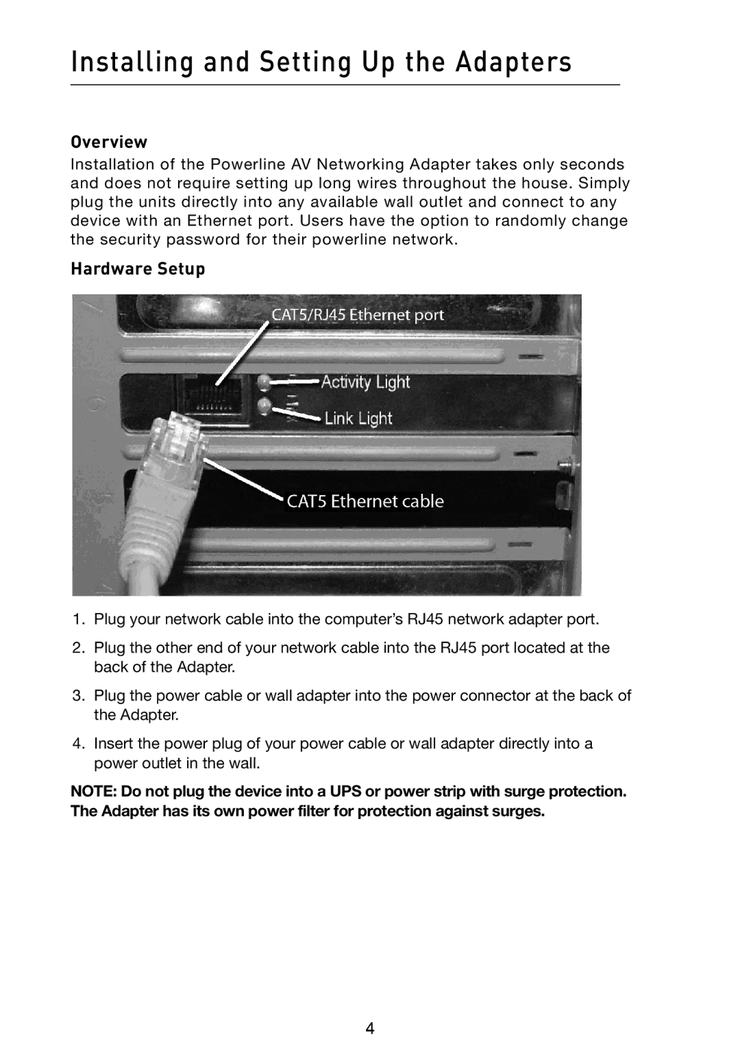 Belkin F5D4072 user manual Installing and Setting Up the Adapters, Overview, Hardware Setup 