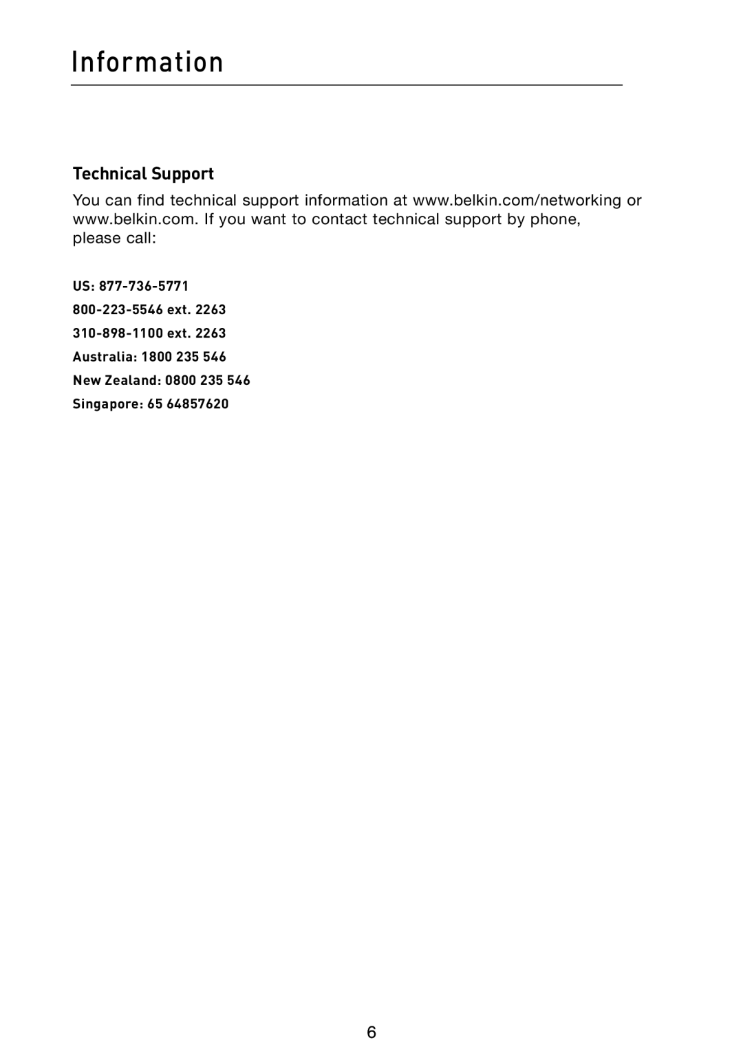 Belkin F5D4072 user manual Information, Technical Support 