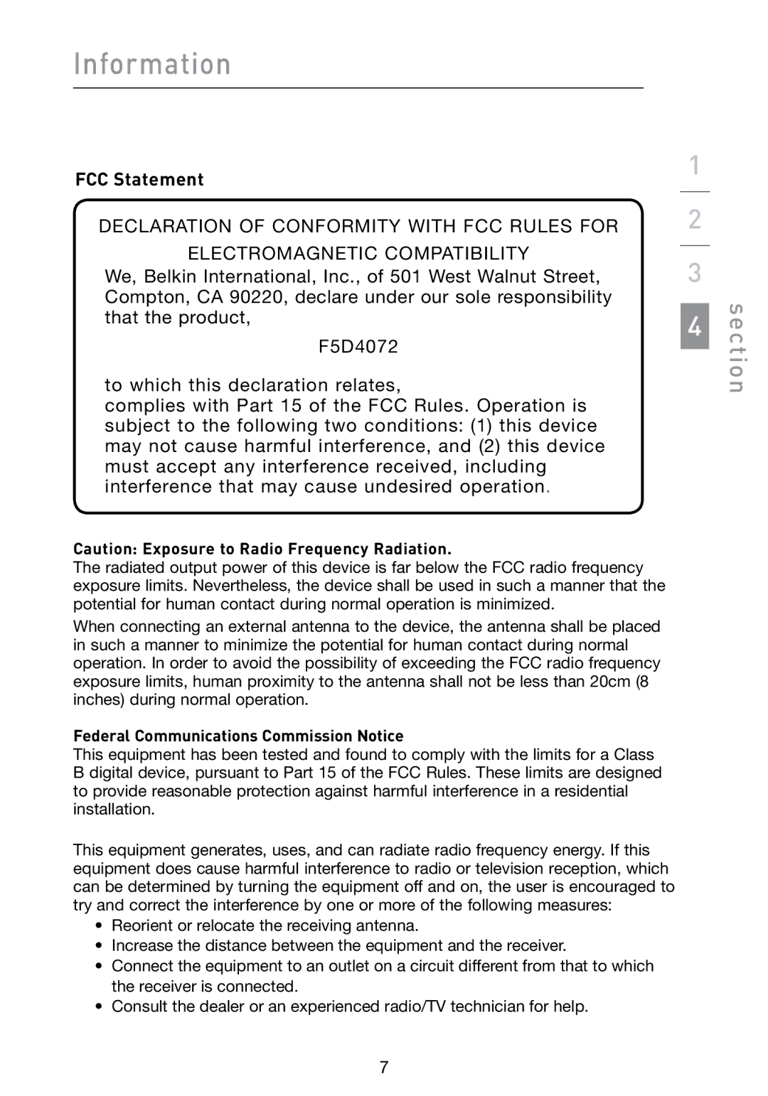 Belkin F5D4072 user manual FCC Statement, Federal Communications Commission Notice 