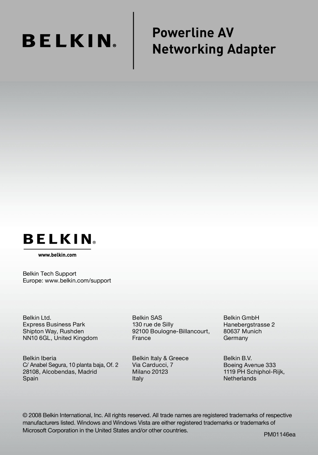 Belkin F5D4074 user manual Powerline AV Networking Adapter, Belkin Tech Support 