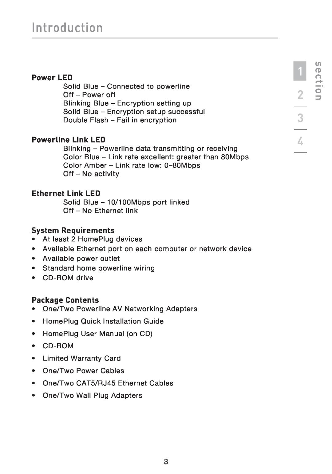 Belkin F5D4074 user manual Introduction, section, Power LED, Powerline Link LED, Ethernet Link LED, System Requirements 