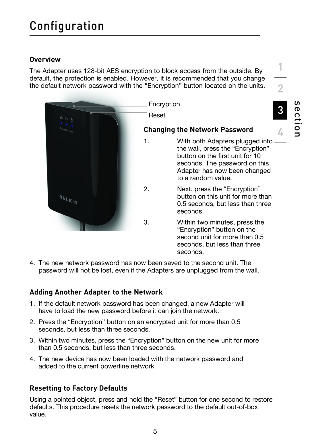 Belkin F5D4074 Configuration, Changing the Network Password, Adding Another Adapter to the Network, section, Overview 