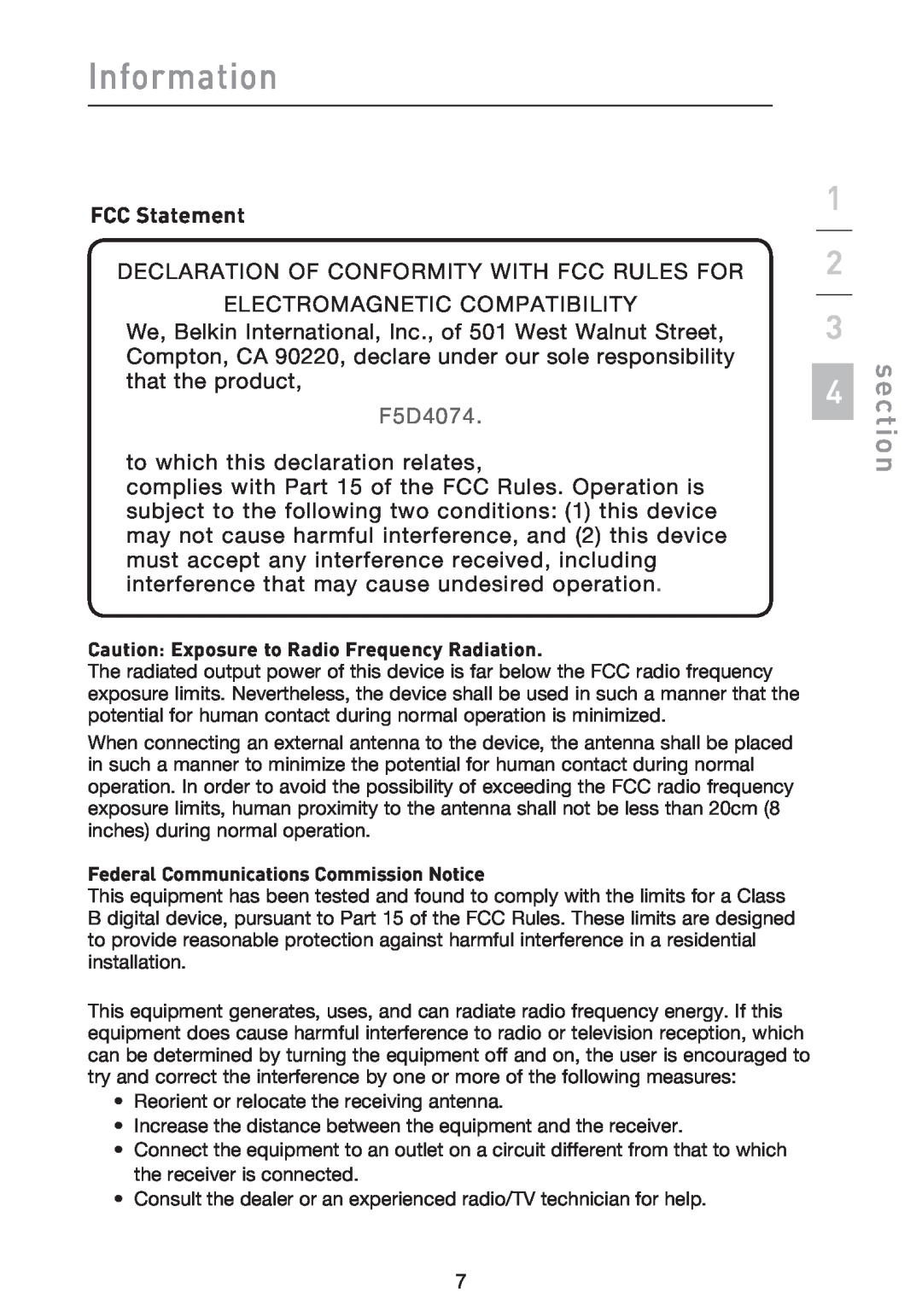 Belkin F5D4074 FCC Statement, Declaration Of Conformity With Fcc Rules For, Electromagnetic Compatibility, Information 