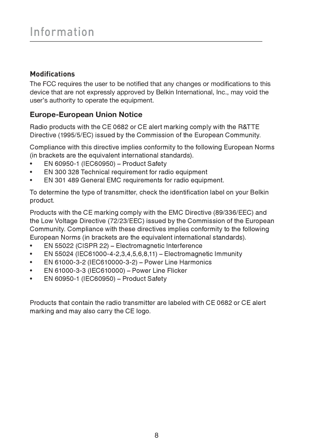 Belkin F5D4074 user manual Modifications, Europe-European Union Notice 