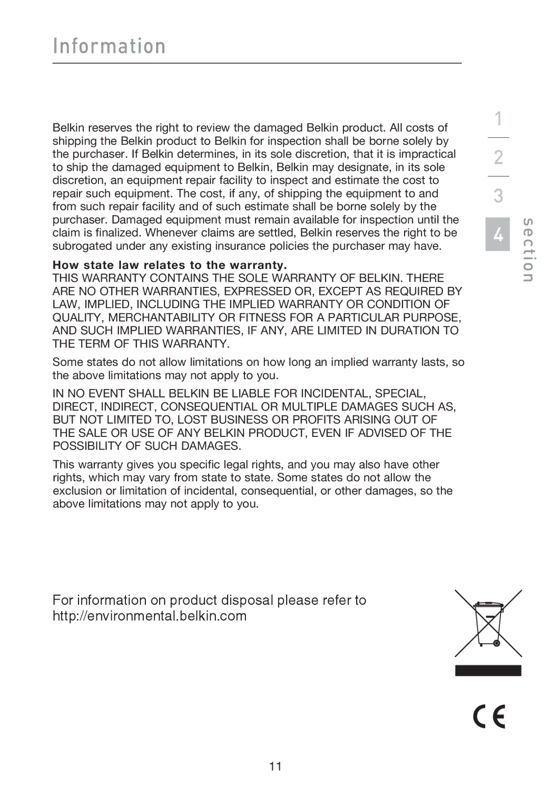 Belkin F5D4074 user manual How state law relates to the warranty 