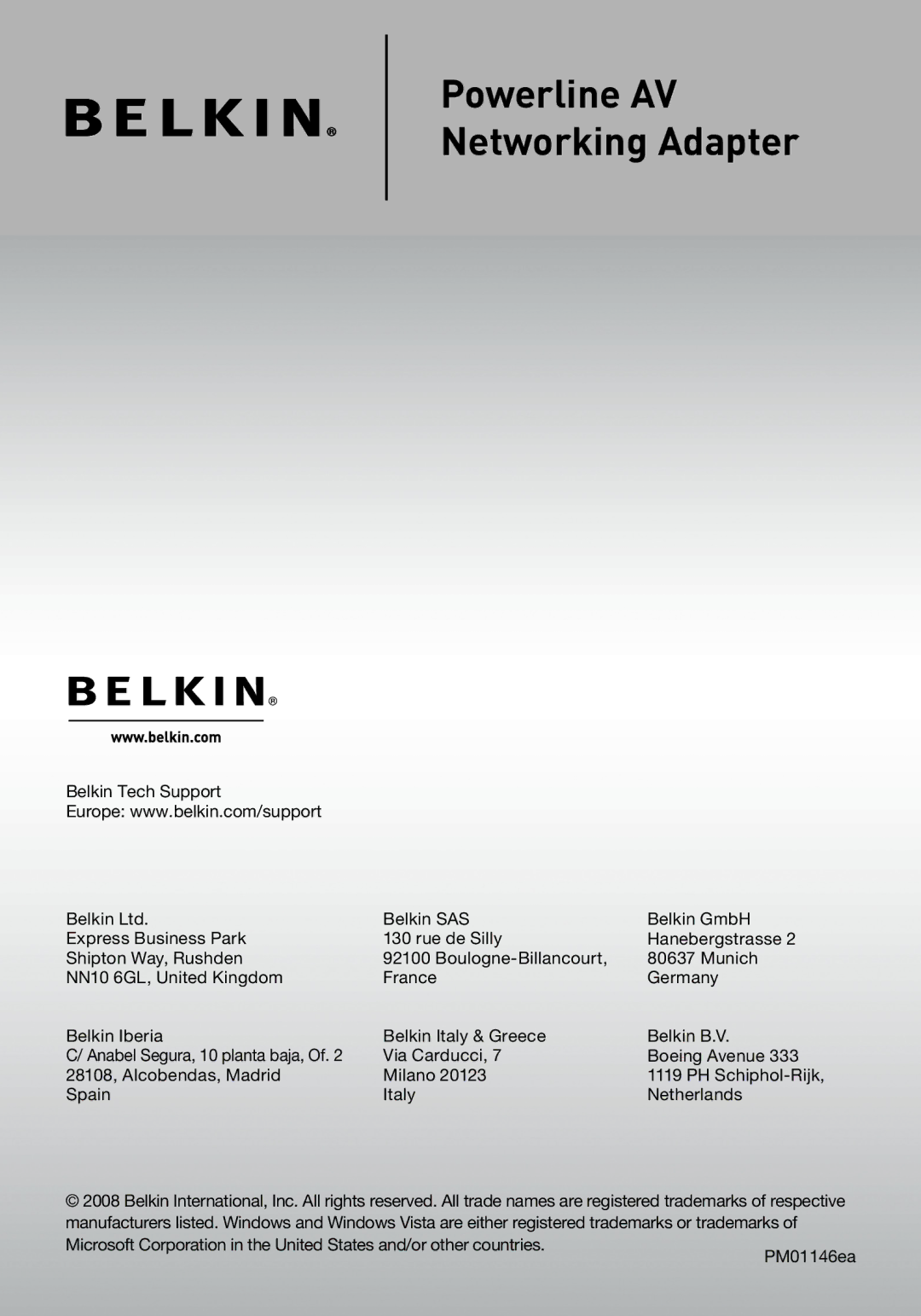 Belkin F5D4074 user manual Powerline AV Networking Adapter 