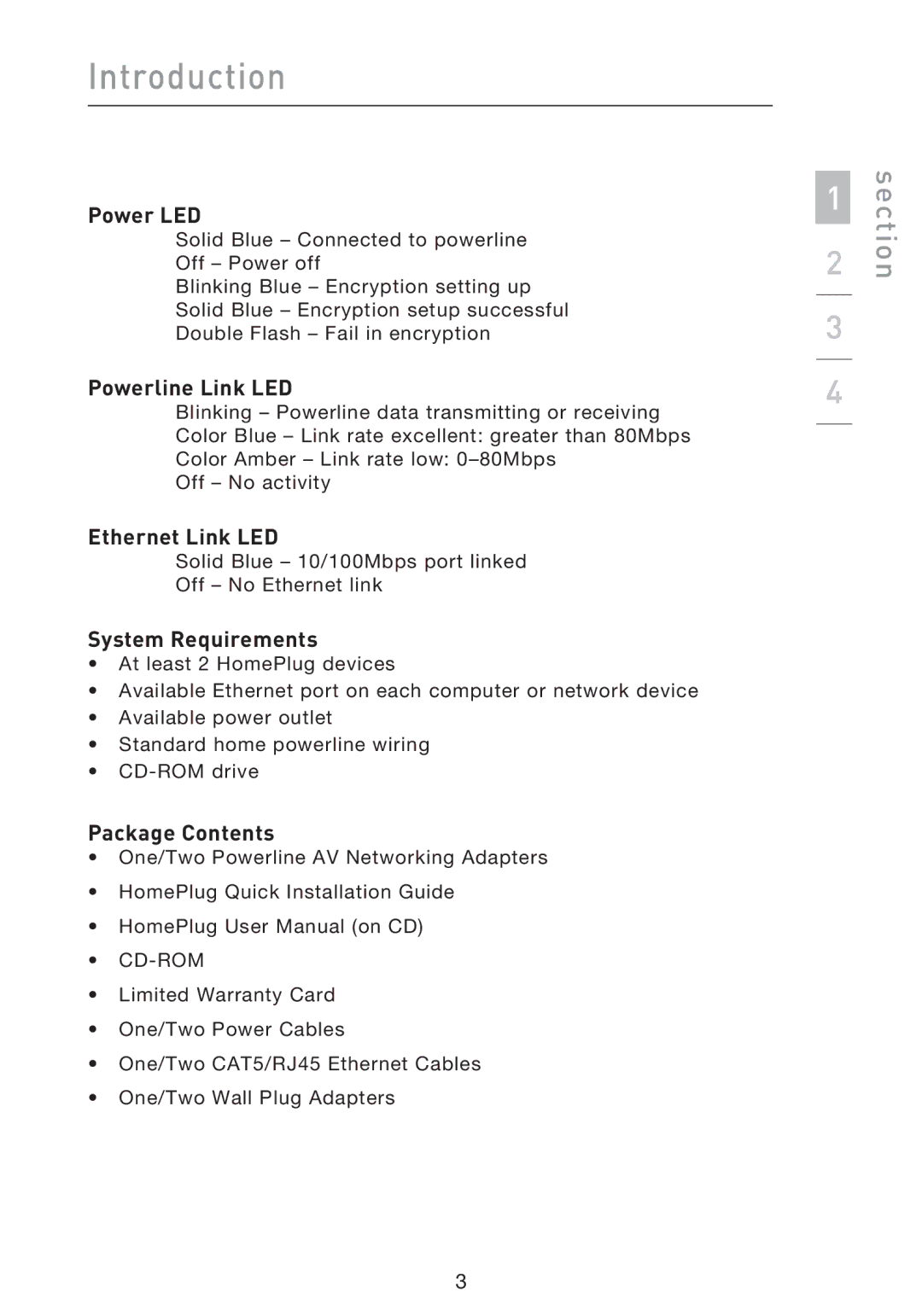 Belkin F5D4074 user manual Power LED, Powerline Link LED, Ethernet Link LED, System Requirements, Package Contents 