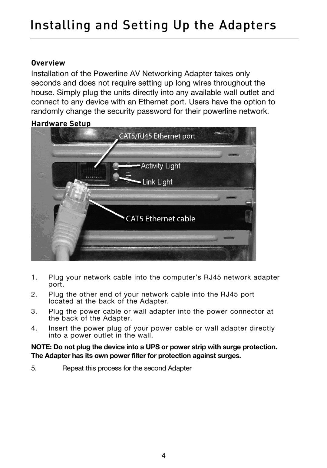 Belkin F5D4074 user manual Installing and Setting Up the Adapters, Overview, Hardware Setup 