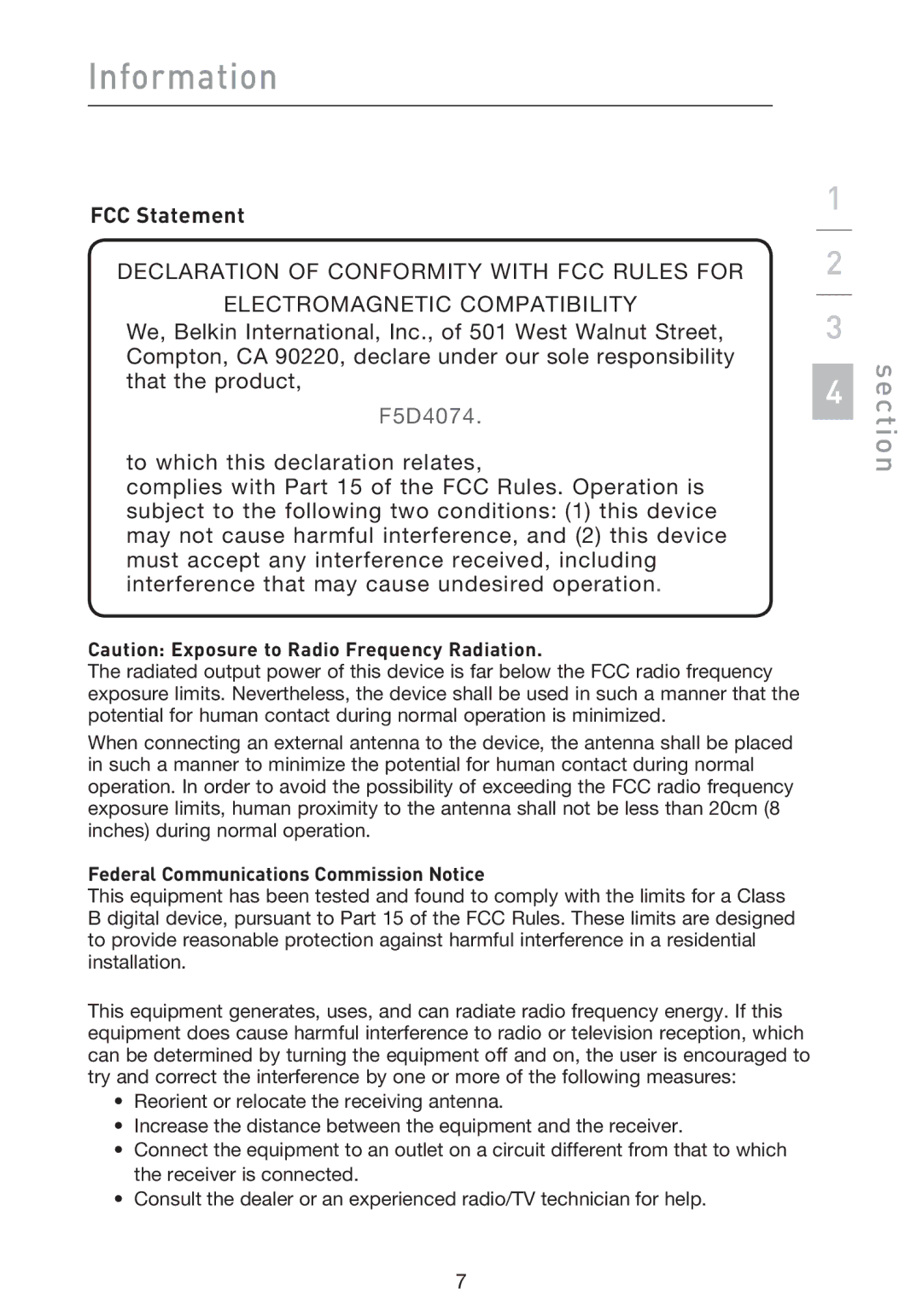 Belkin F5D4074 user manual FCC Statement, Federal Communications Commission Notice 