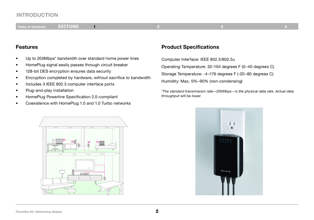Belkin F5D4075, PM01611 user manual Introduction, Features, Product Specifications, sections 