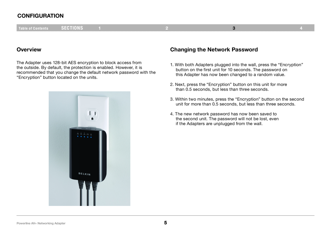 Belkin PM01611, F5D4075 user manual Configuration, Changing the Network Password, Overview, sections 