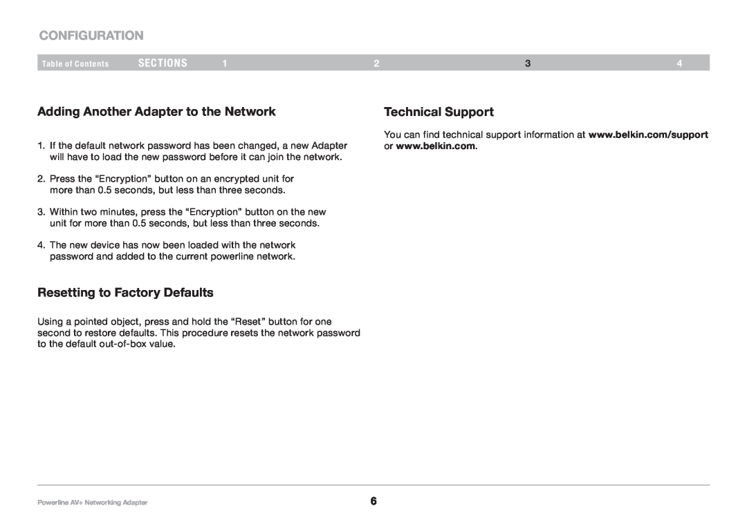 Belkin F5D4075 Configuration, Adding Another Adapter to the Network, Technical Support, Resetting to Factory Defaults 