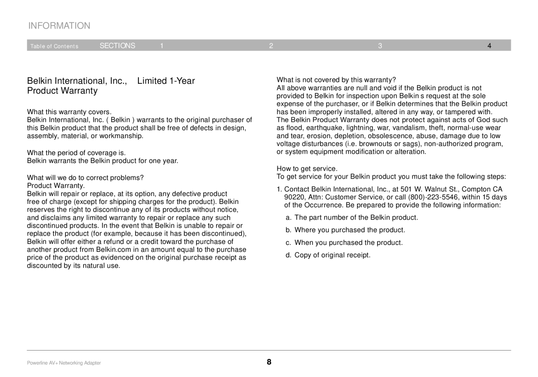 Belkin F5D4075, PM01611 user manual Information, Belkin International, Inc., Limited 1-Year Product Warranty 