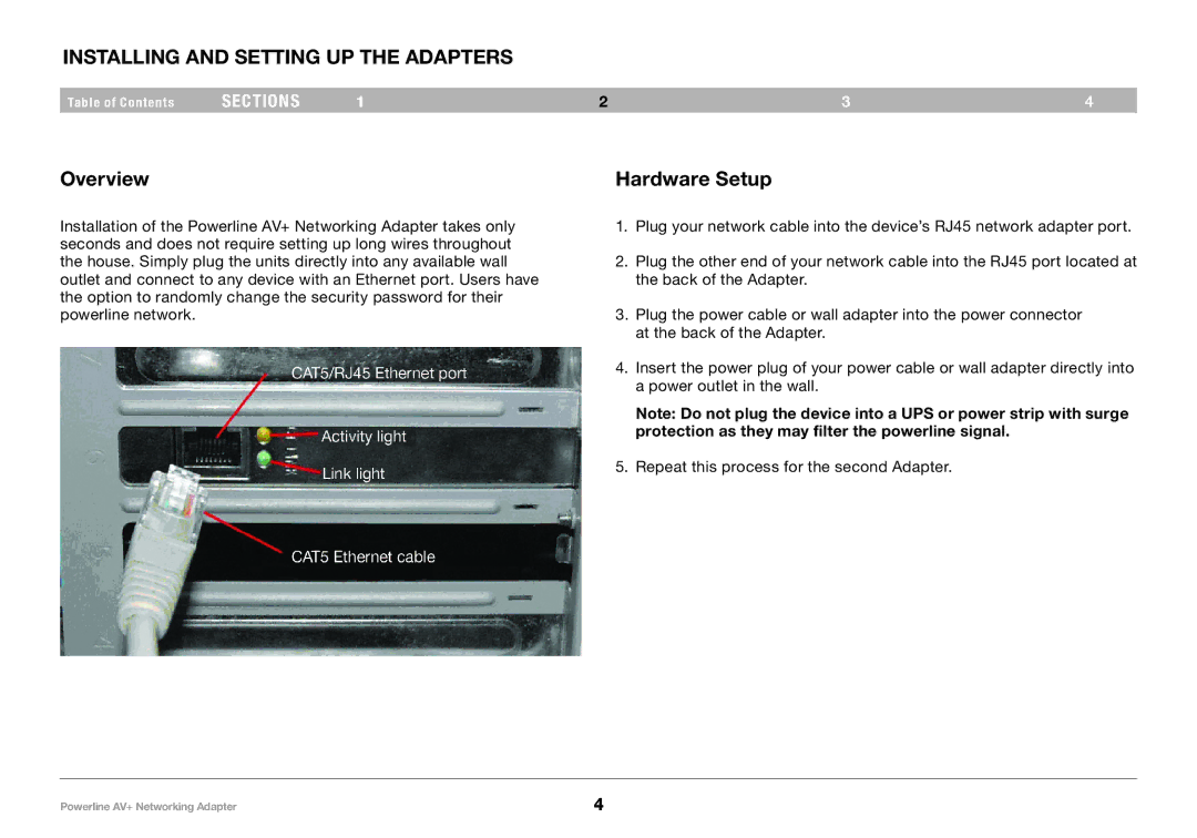 Belkin F5D4075, PM01611 user manual Installing and Setting Up the Adapters, Overview, Hardware Setup 