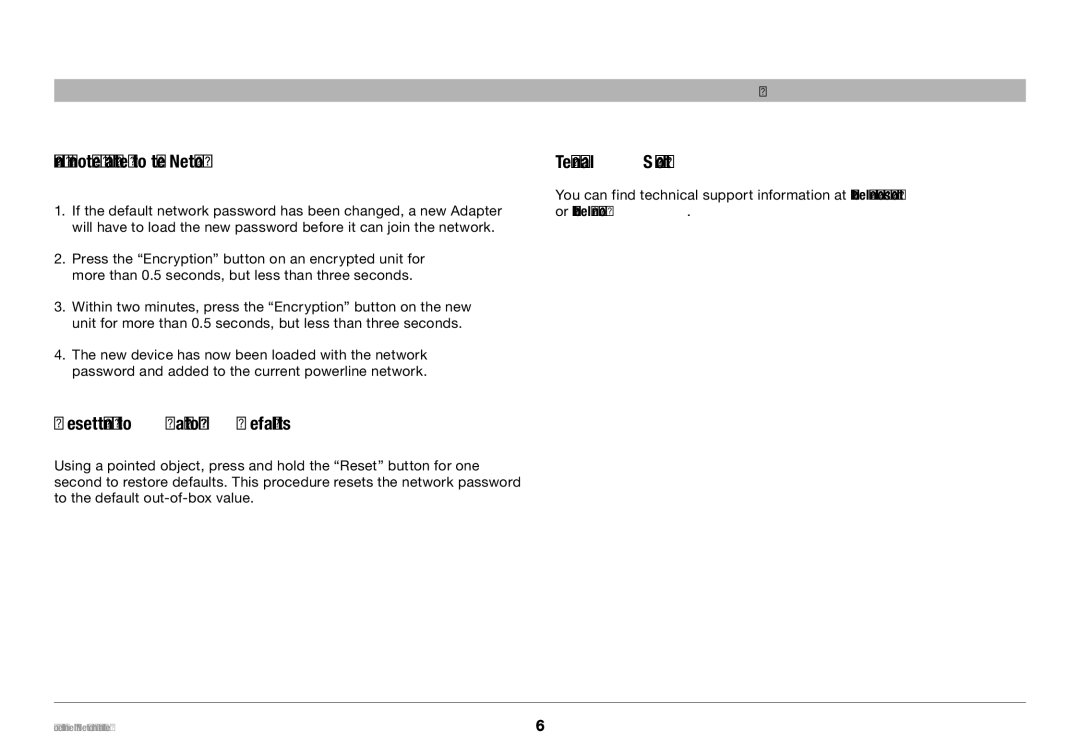 Belkin F5D4075 Configuration, Adding Another Adapter to the Network Technical Support, Resetting to Factory Defaults 