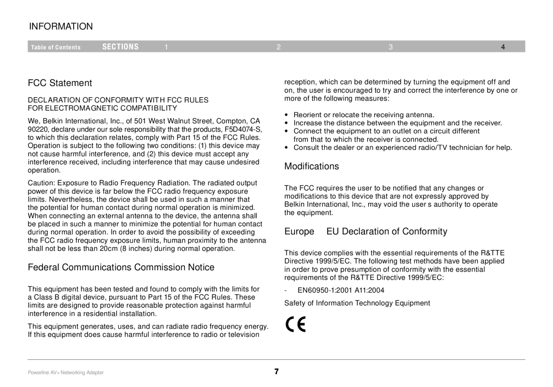 Belkin PM01611, F5D4075 user manual Information, FCC Statement, Federal Communications Commission Notice, Modifications 