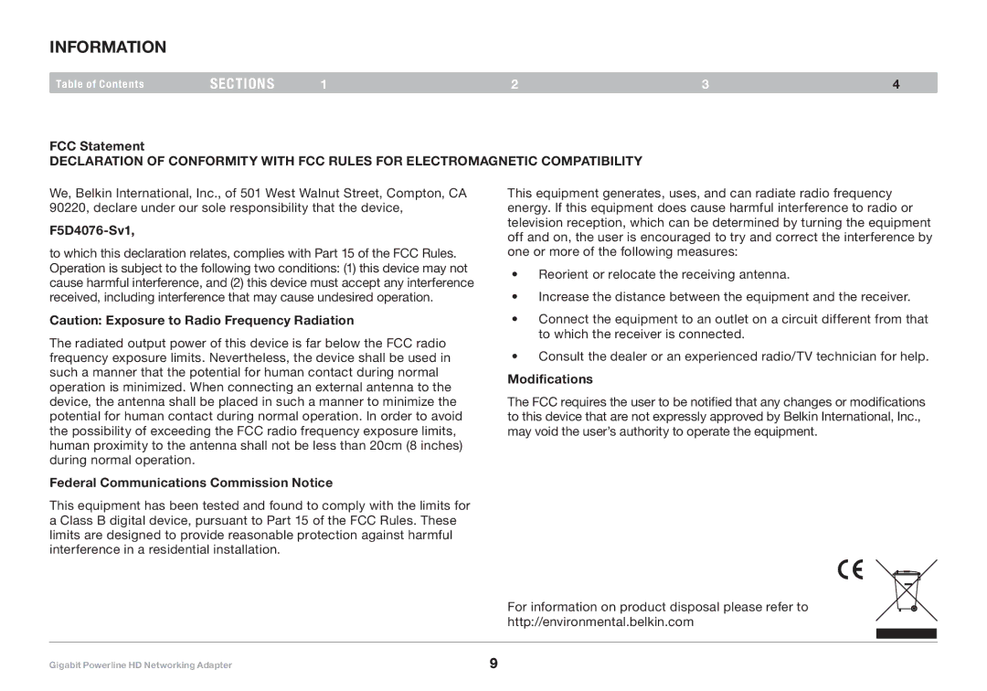 Belkin user manual Information, FCC Statement, F5D4076-Sv1, Federal Communications Commission Notice, Modifications 