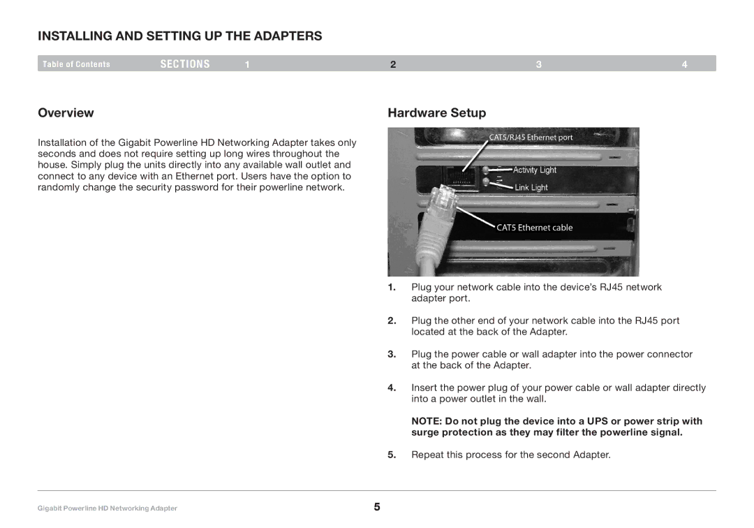 Belkin F5D4076 user manual Installing and Setting Up the Adapters, Overview Hardware Setup 