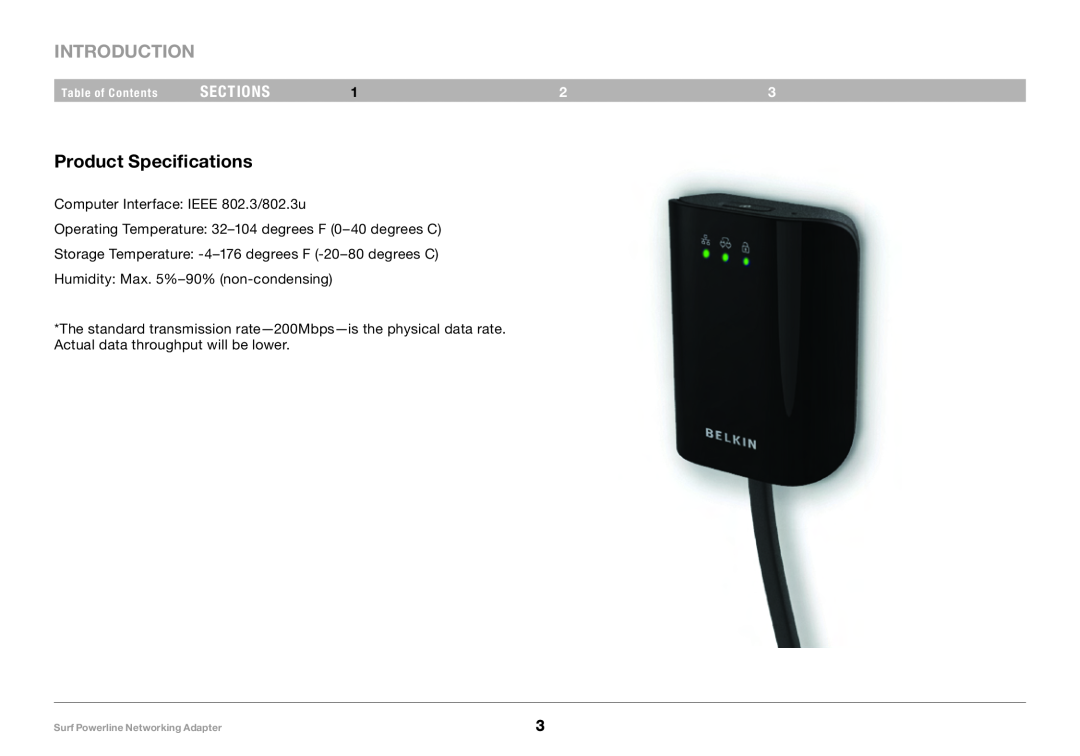 Belkin F5D4077UK Product Speciﬁcations, Introduction, Sections, Table of Contents, Surf Powerline Networking Adapter 