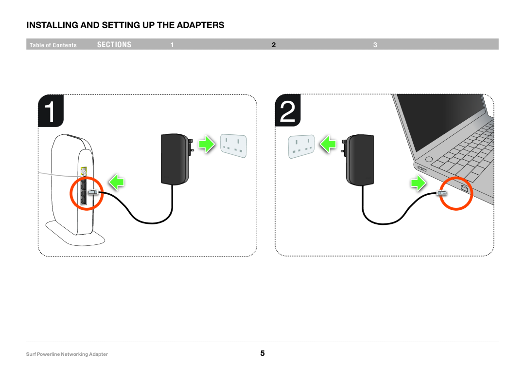 Belkin F5D4077UK Installing And Setting Up The Adapters, Sections, Table of Contents, Surf Powerline Networking Adapter 