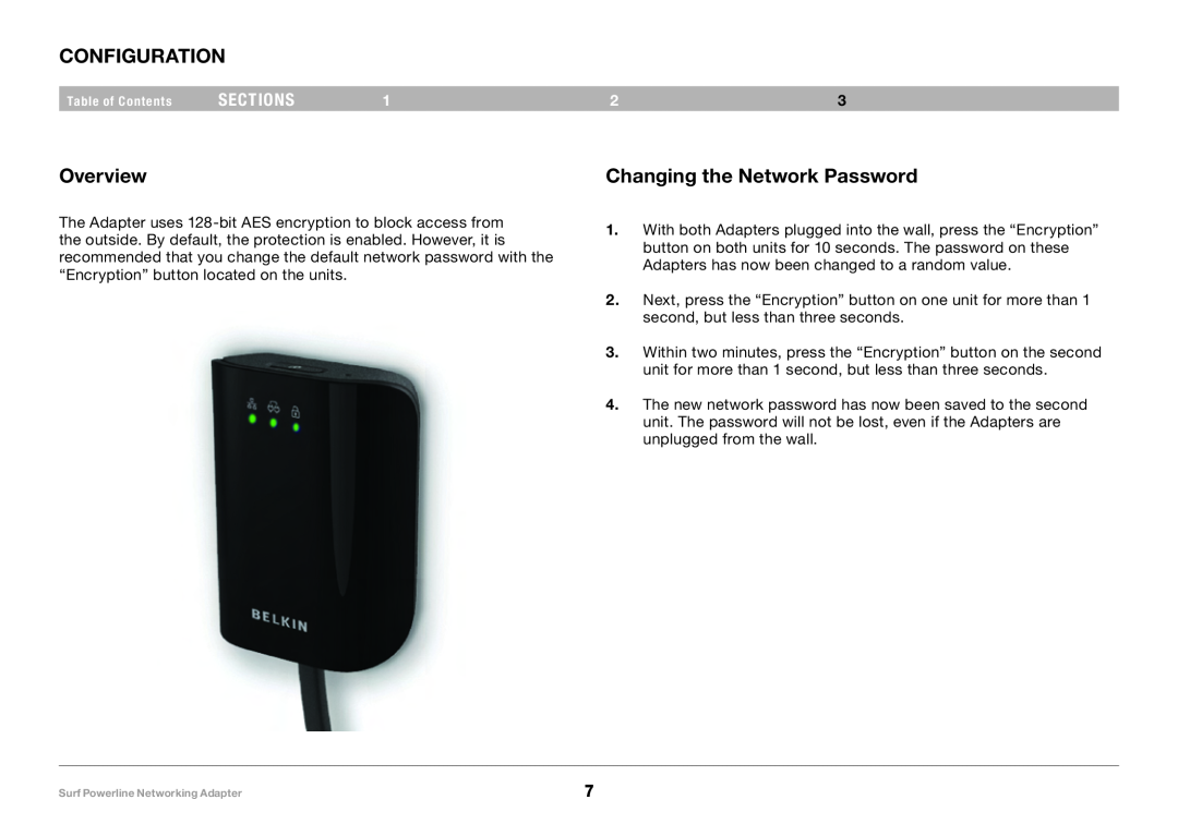 Belkin F5D4077UK user manual Configuration, Changing the Network Password, Overview, Sections 