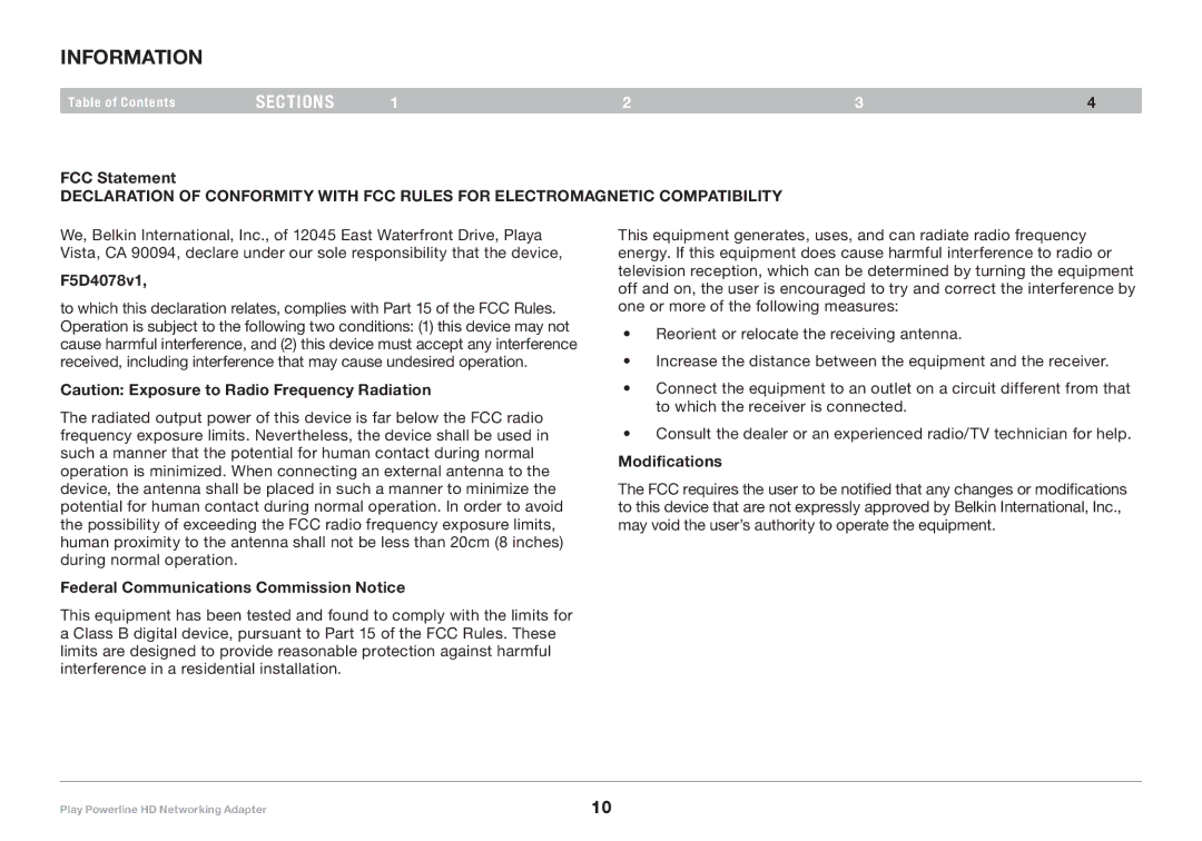 Belkin user manual Information, FCC Statement, F5D4078v1, Federal Communications Commission Notice, Modifications 