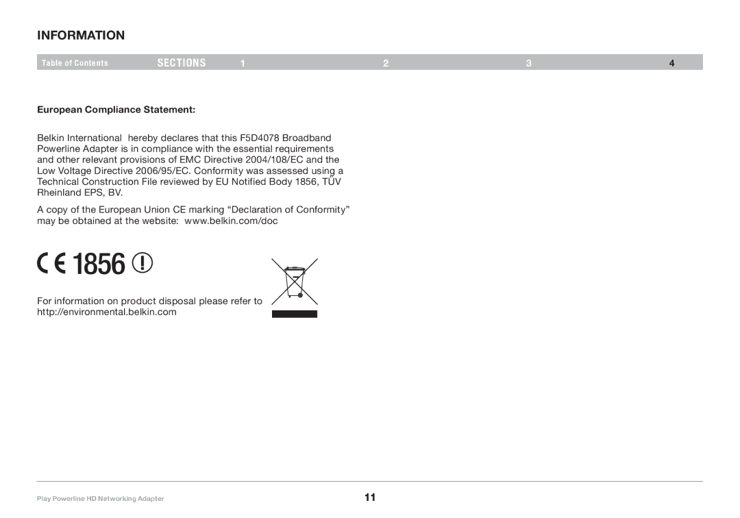 Belkin F5D4078 user manual 1856, European Compliance Statement 