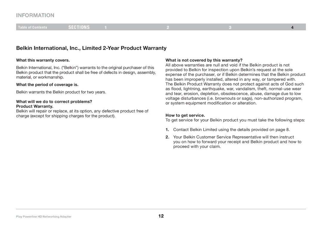 Belkin F5D4078 user manual Belkin International, Inc., Limited 2-Year Product Warranty 