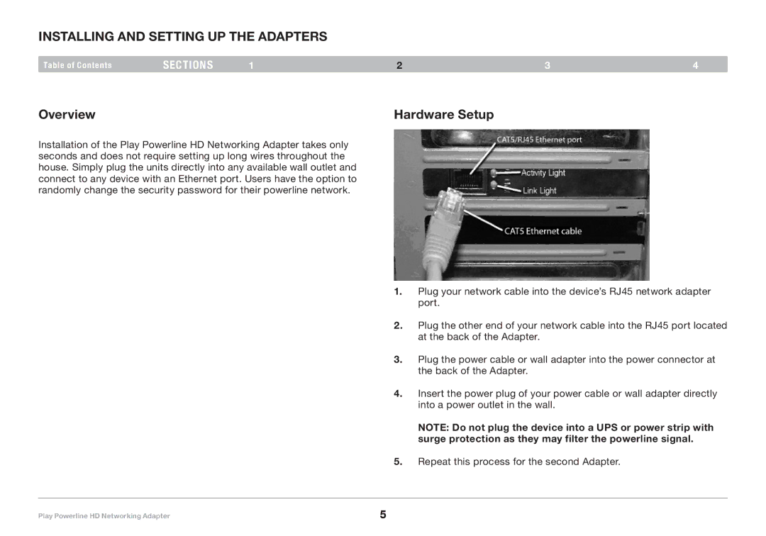 Belkin F5D4078 user manual Installing and Setting Up the Adapters, Overview Hardware Setup 