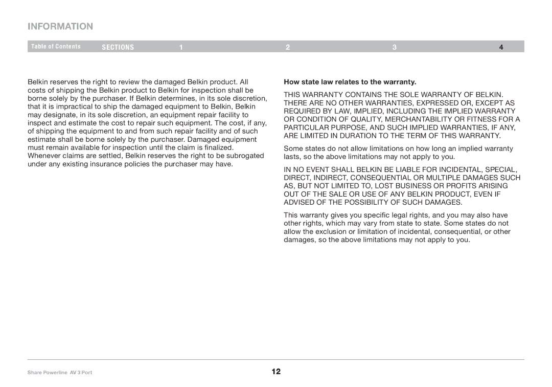 Belkin F5D4081 user manual How state law relates to the warranty 