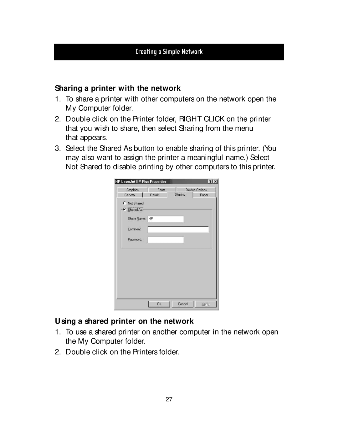 Belkin F5D5000t manual Sharing a printer with the network, Using a shared printer on the network, Creating a Simple Network 