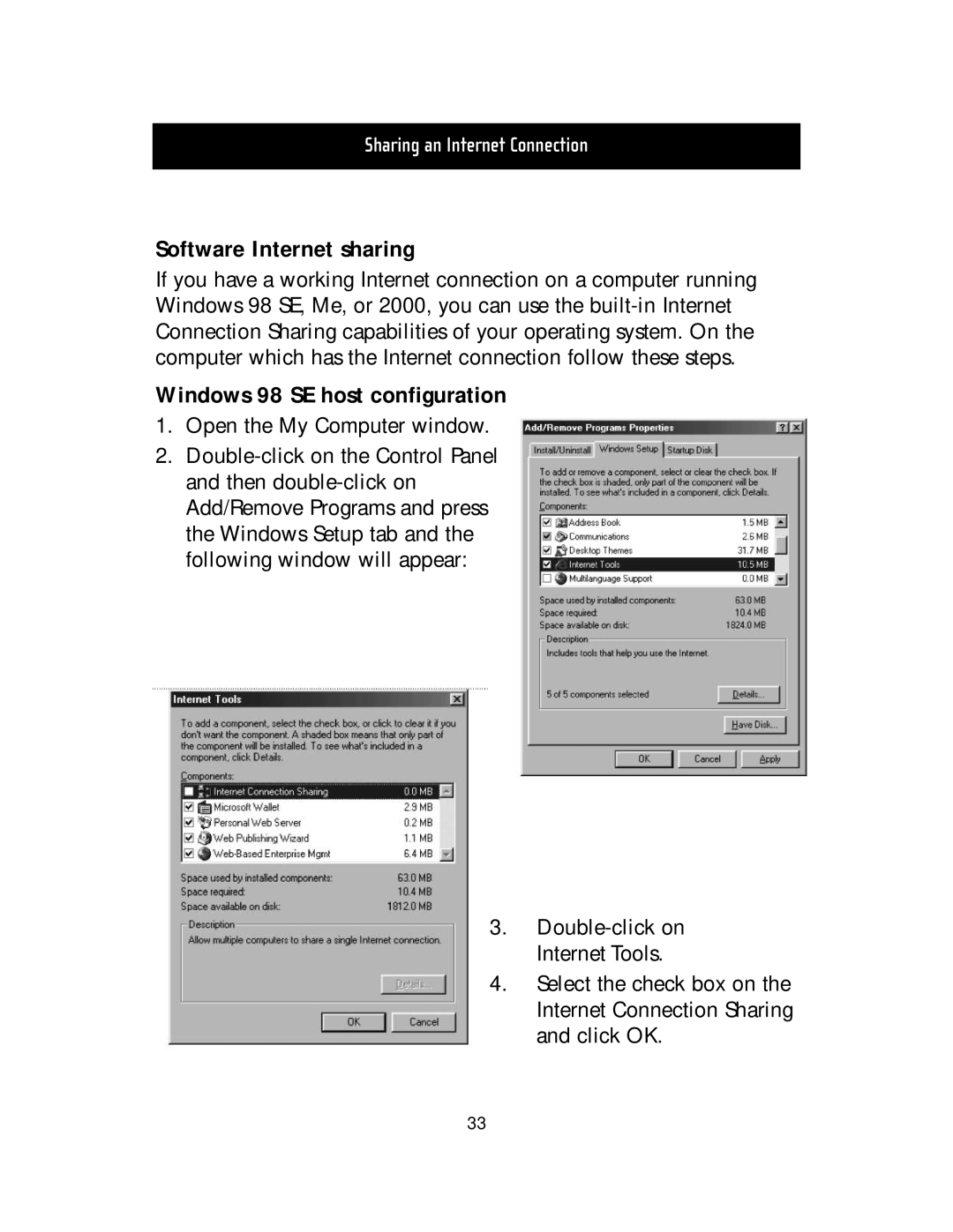 Belkin F5D5000t manual Software Internet sharing, Windows 98 SE host configuration, Sharing an Internet Connection 