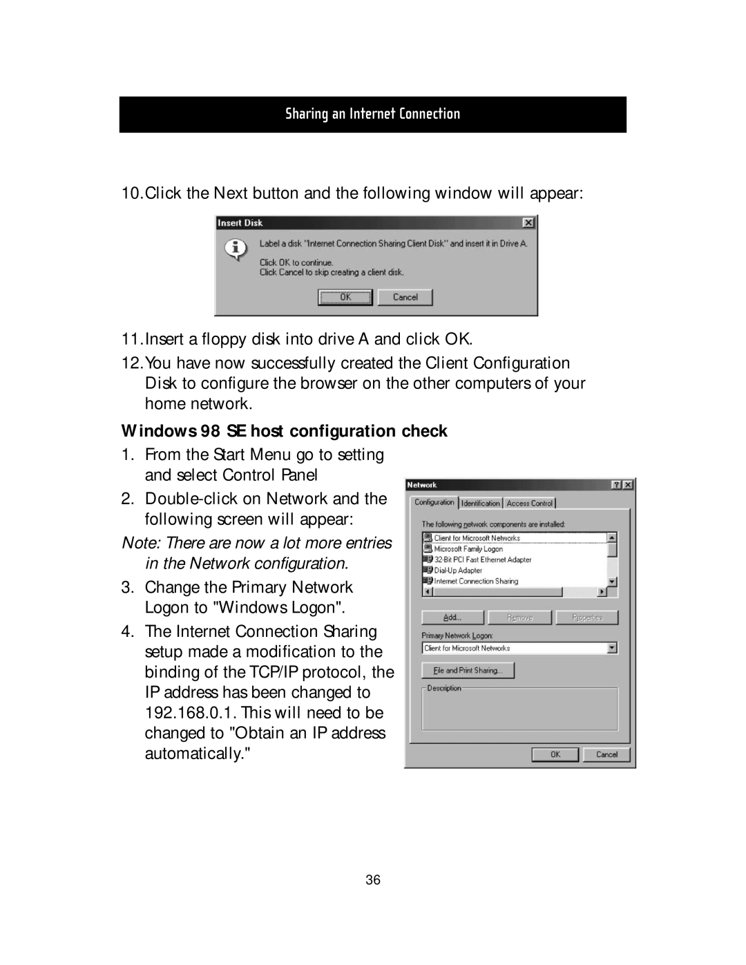 Belkin F5D5000t manual Windows 98 SE host configuration check, Sharing an Internet Connection 
